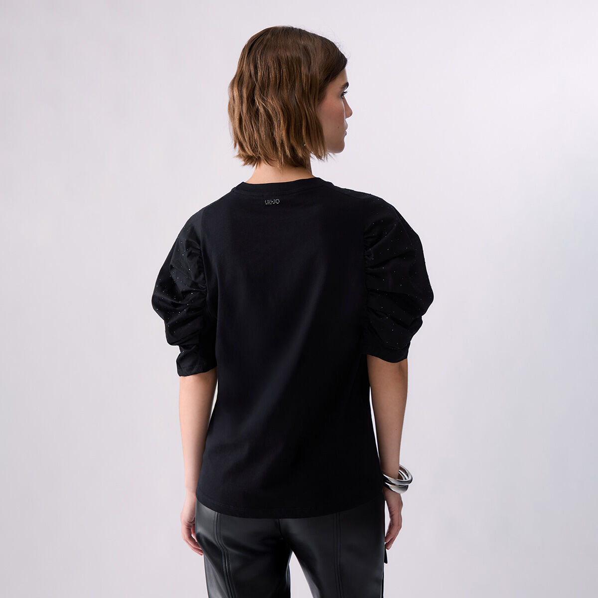 T-shirt bimatière avec manches bouffantes noir, LIU JO