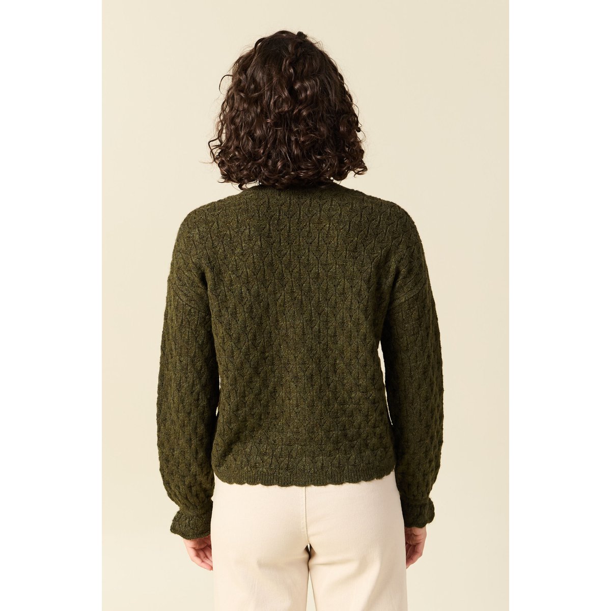 Gilet ajouré droit court col v vert kaki, BONOBO