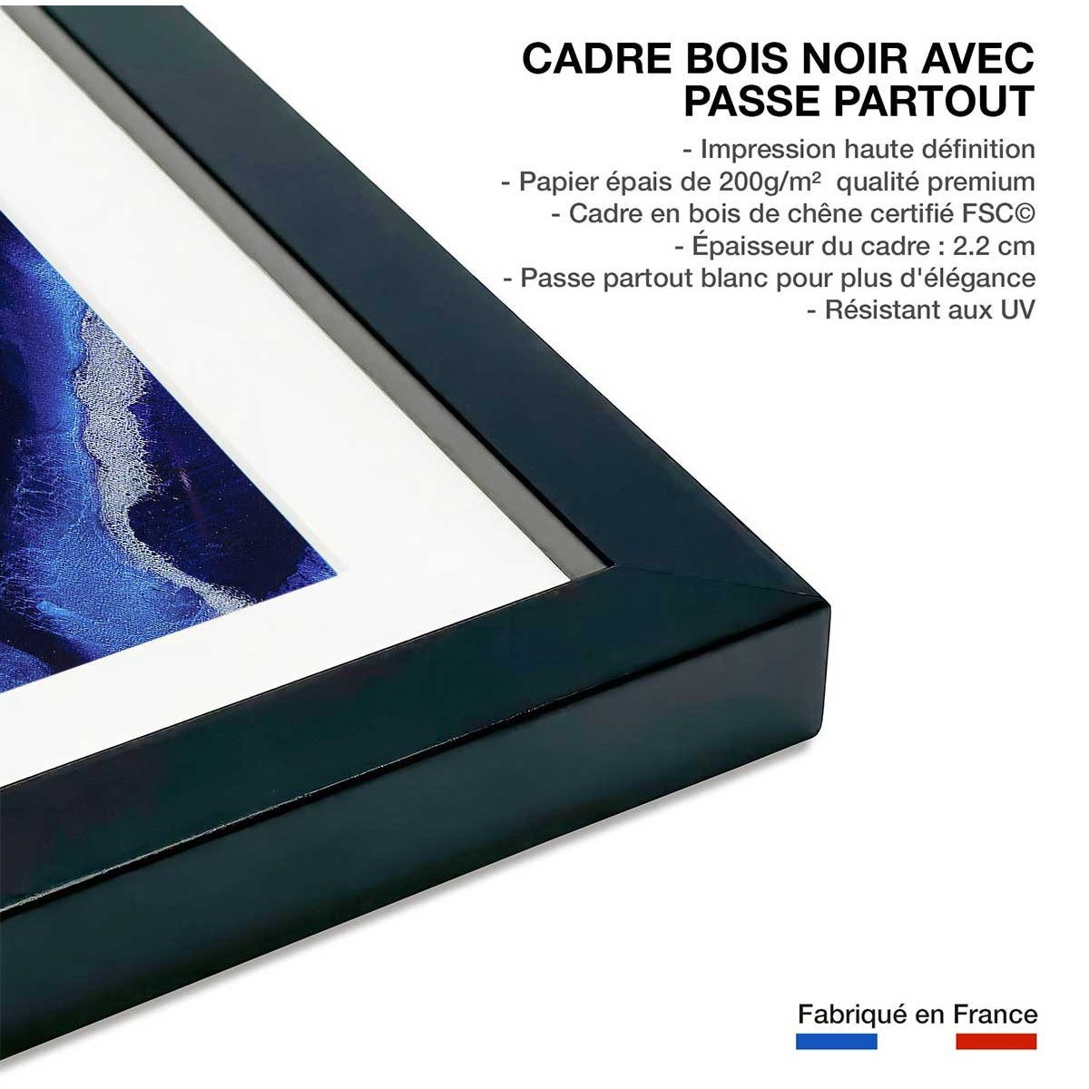 Poster bleu malte affiche + cadre en bois - noir, HEXOA