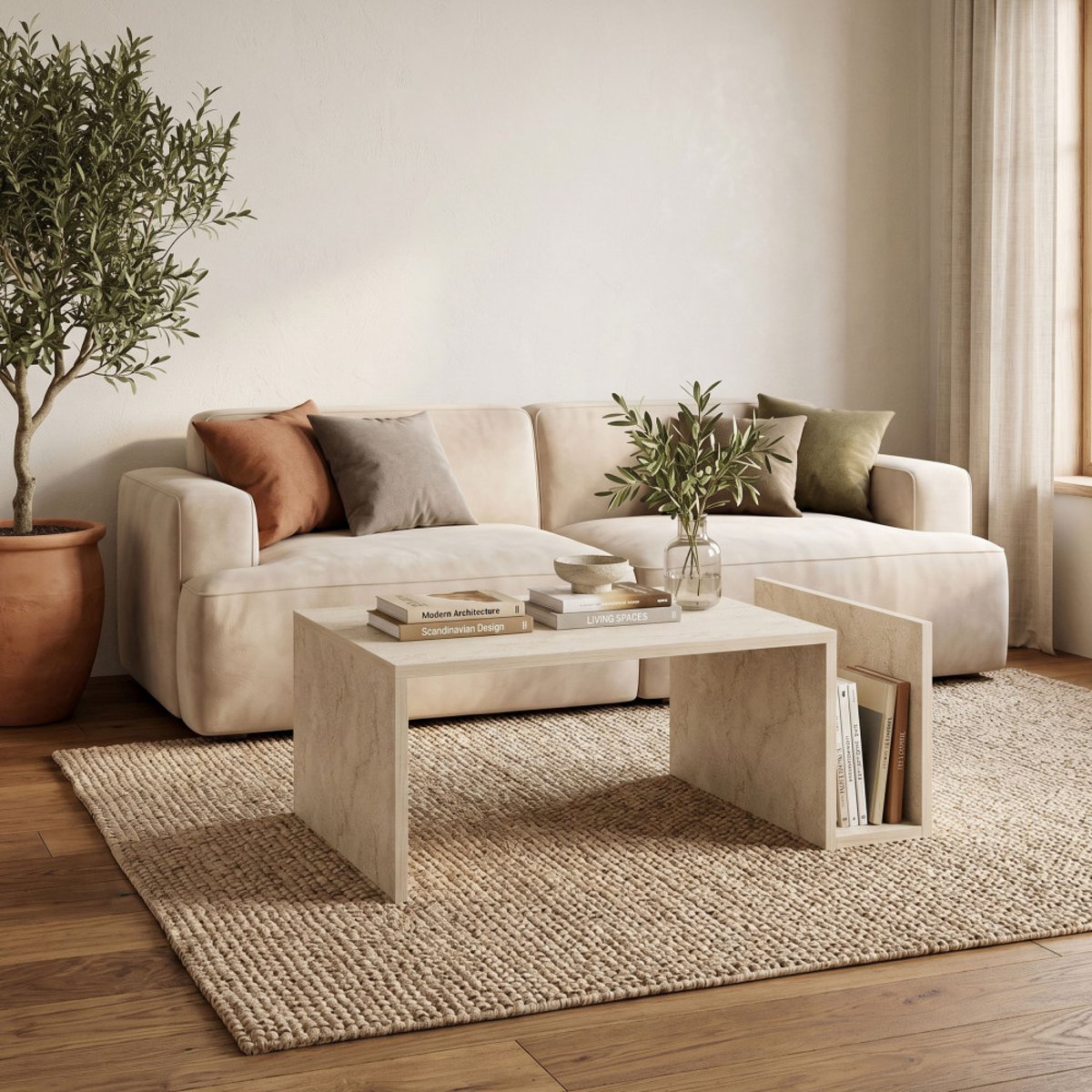 Table basse avec porte magazines effet travertin- MAX beige, DRAWER