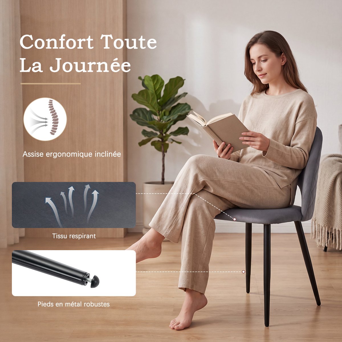 Lot de 6 chaises de salle à manger style industriel en velours, BANZEL gris, MEUBLES COSY