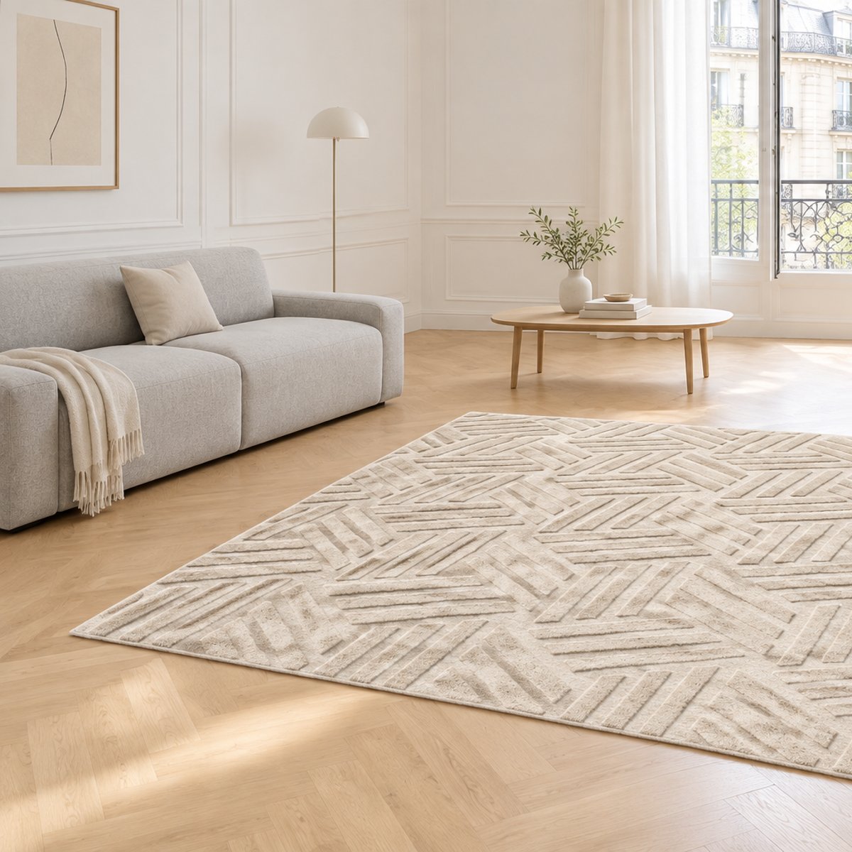 Tapis en laine naturelle fait main effet scultpé TALISMAN beige sable, AFK LIVING