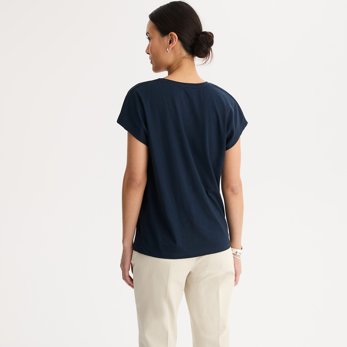 T-shirt col V, manches courtes bleu marine, ANNE WEYBURN