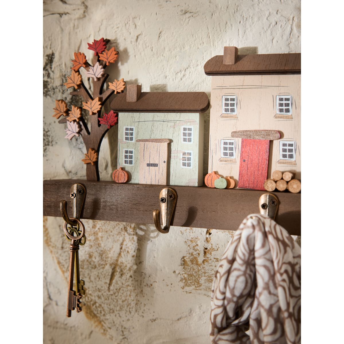 Patères porte-clés motif maison automnal naturel, NEXT
