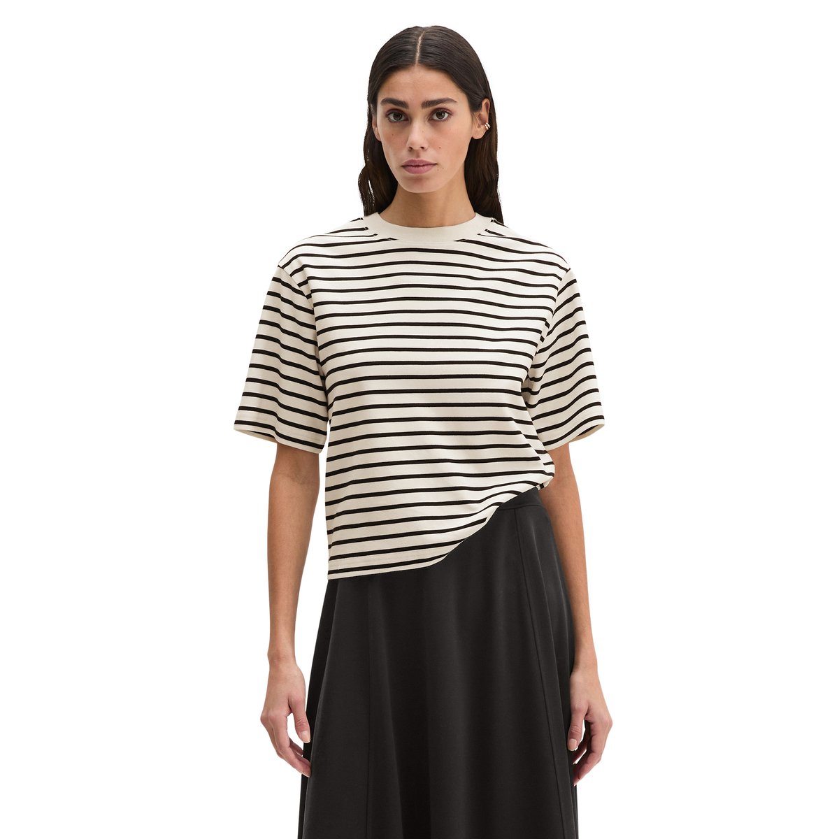 T-shirt rayé relaxed en jersey interlock léger blanc, MARC O'POLO