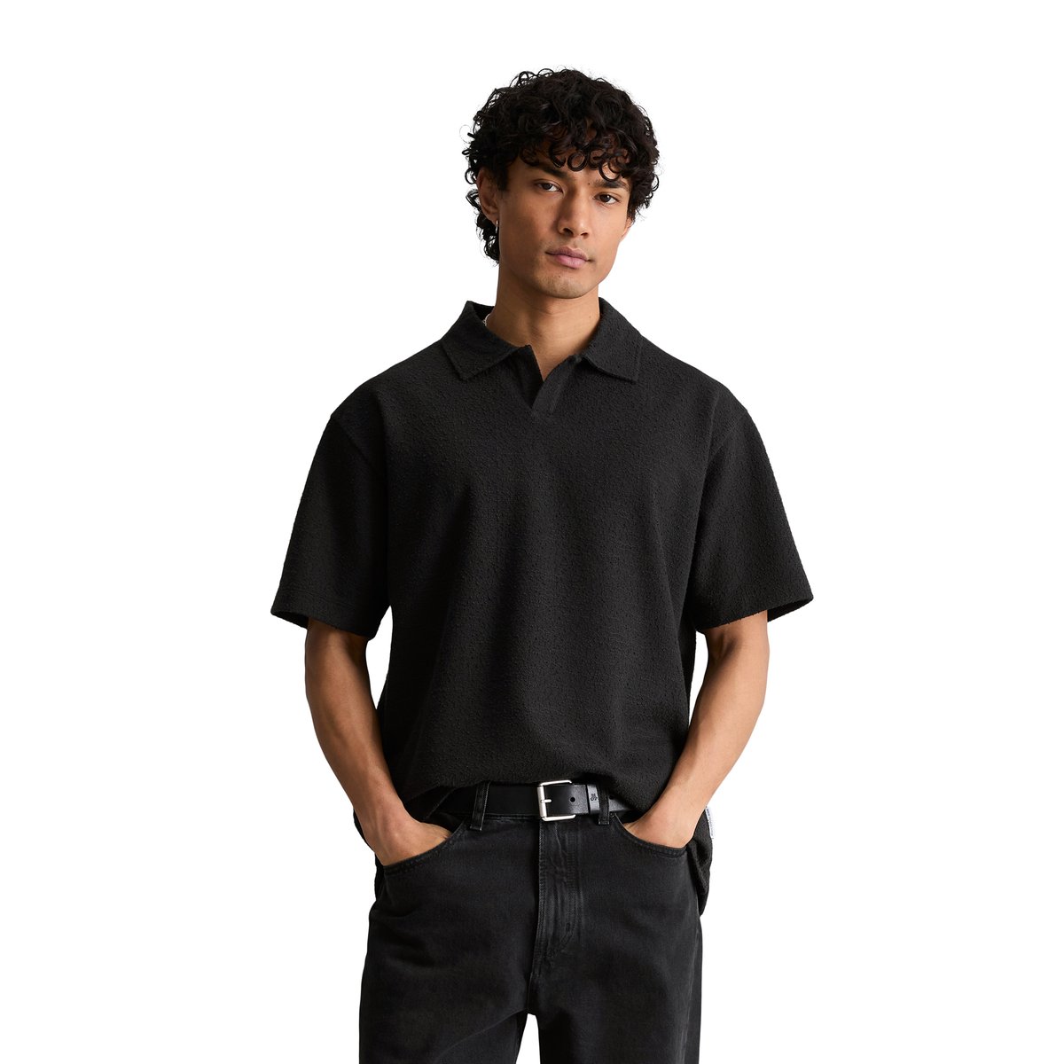 Polo relaxed avec une fine structure bouclée noir, MARC O’POLO DENIM