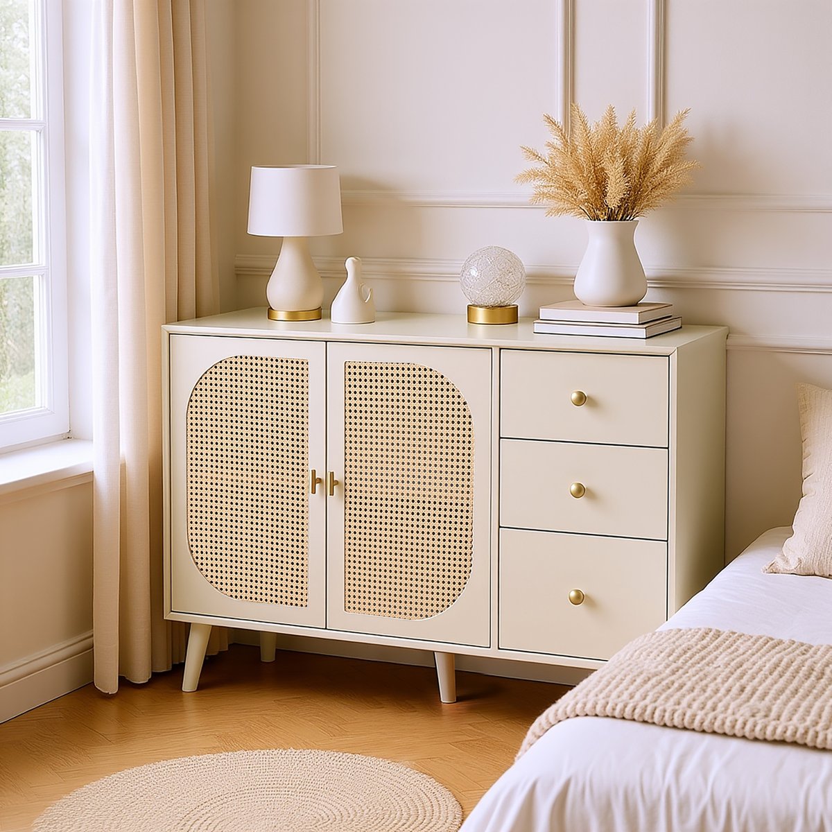 Armoire de rangement avec 2 portes 3 tiroirs et 6 couches, DAVEC Armoire crème, MEUBLES COSY