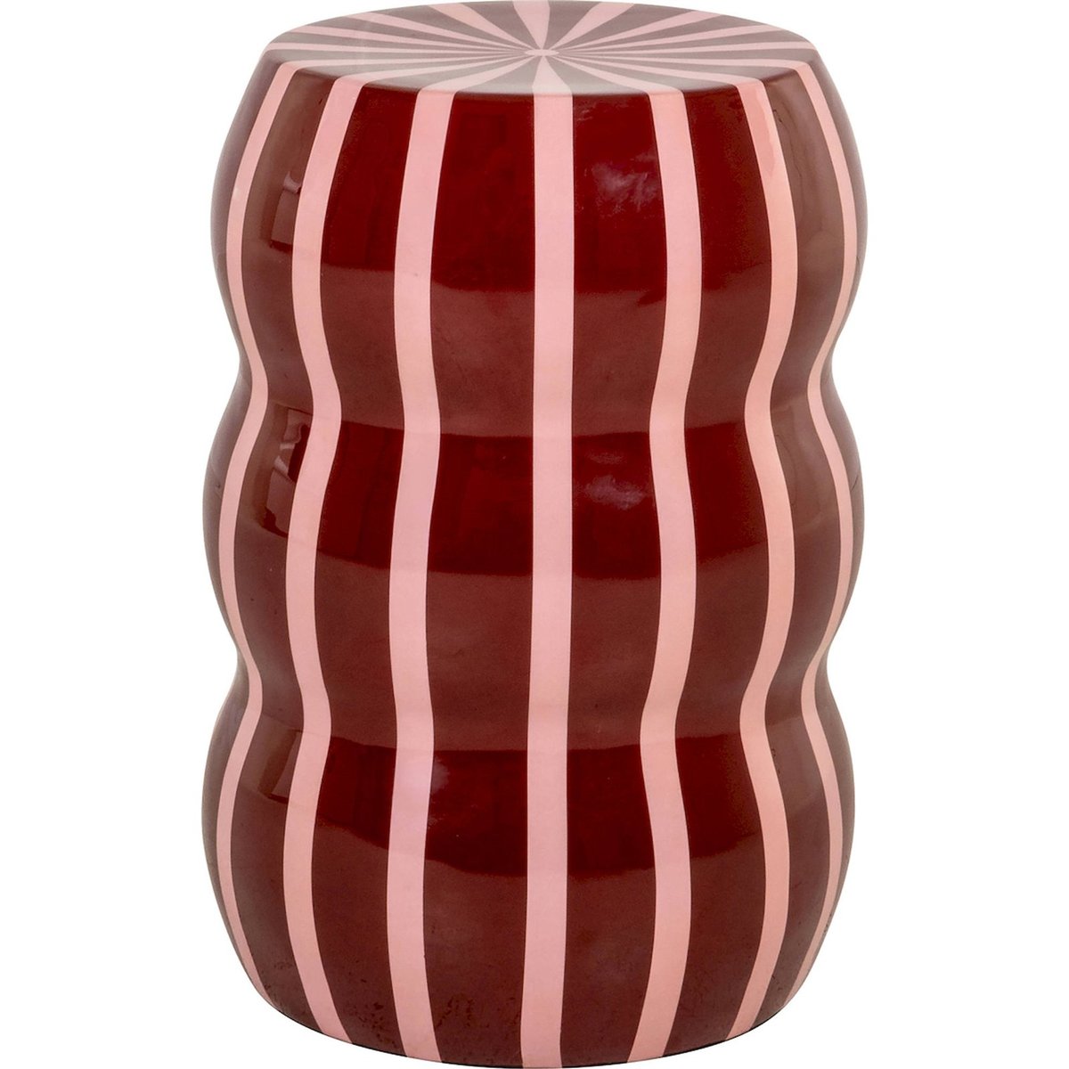 Table d'appoint ronde en fer courbé rouge brillant rayé rose, RECOLLECTION