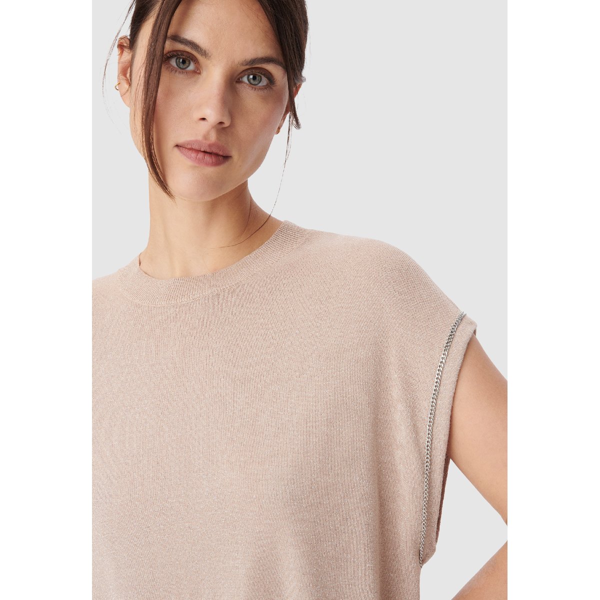 Pull sans manches fil textile détails chainettes rose pâle, IKKS