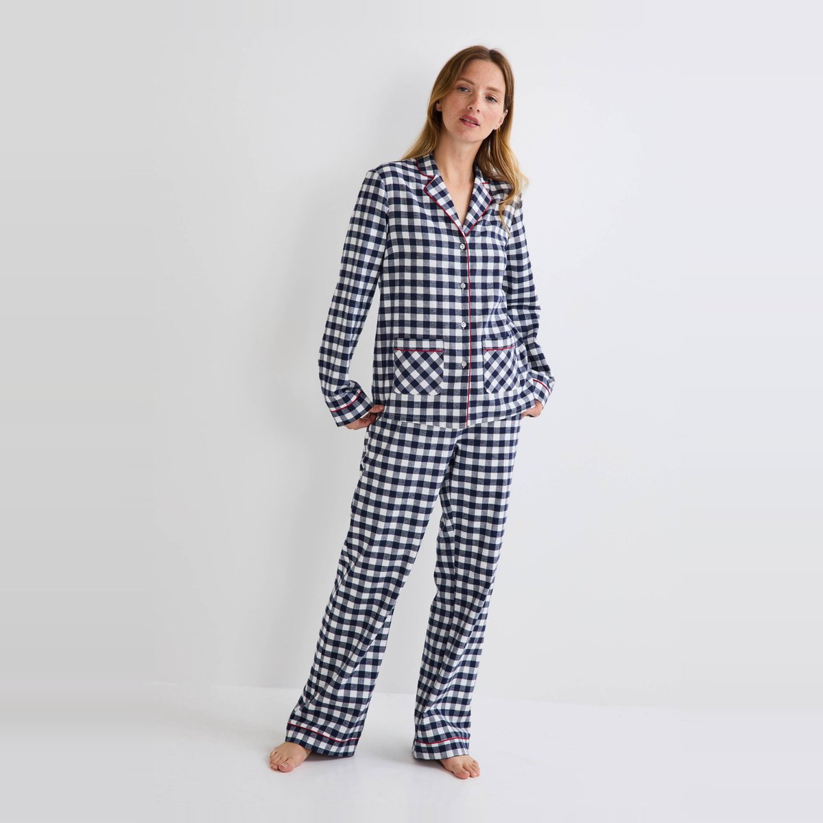 Pyjama en flanelle de coton BIO à carreaux vichy ecru, MONOPRIX