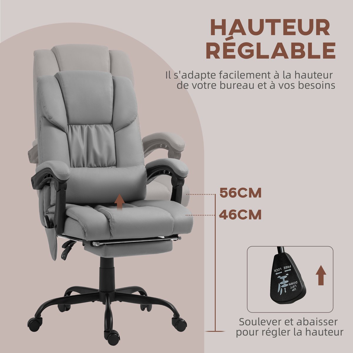 Fauteuil de bureau avec fonction massage gris, HOMCOM