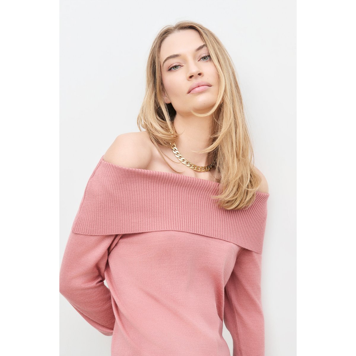 Pull droit col châle MARGE vieux rose, CAROLL