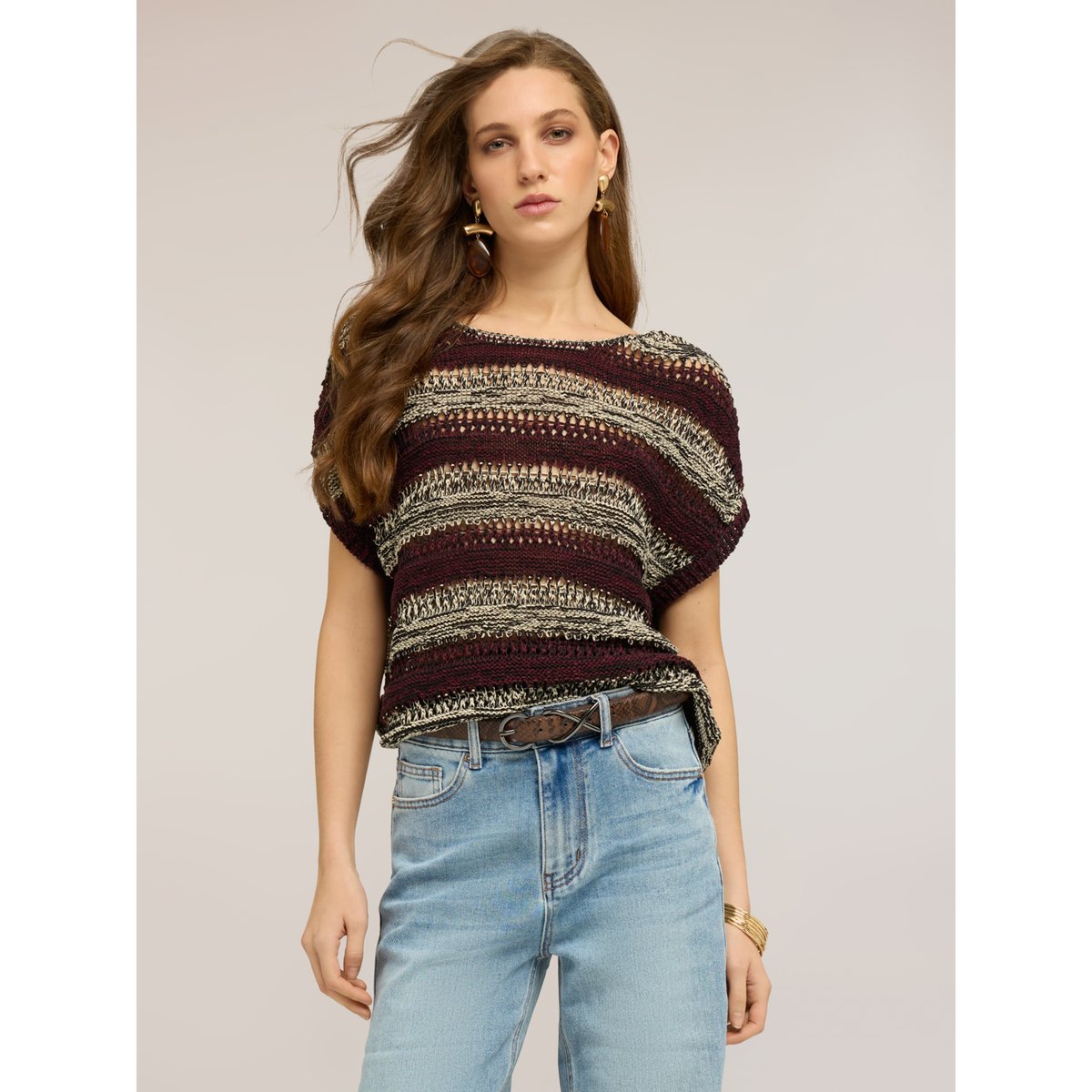 Pull effet ajouré à rayures marron, MOTIVI