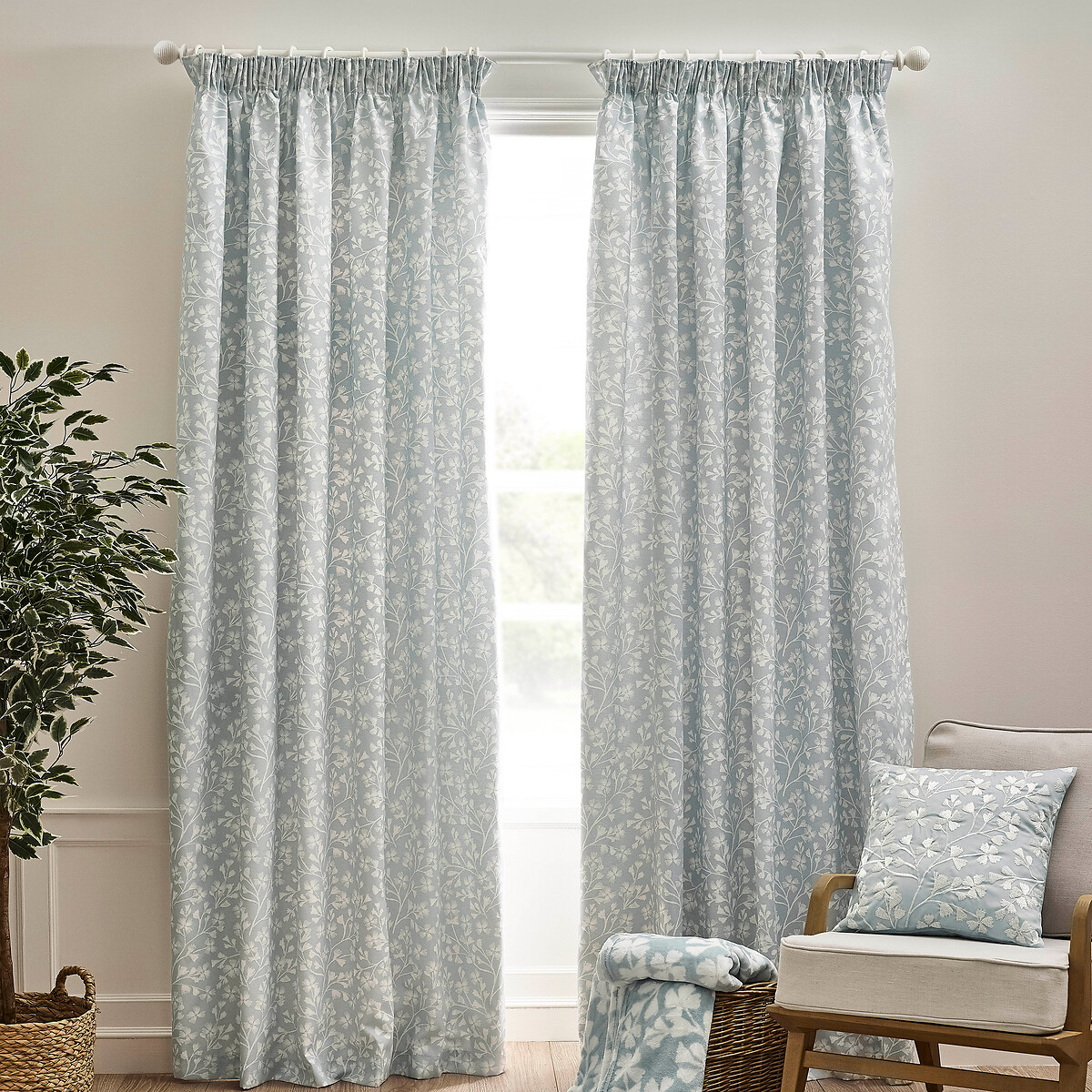 Brooke Floral Lined Pencil Pleat Curtains duck egg blue, CATHERINE LANSFIELD