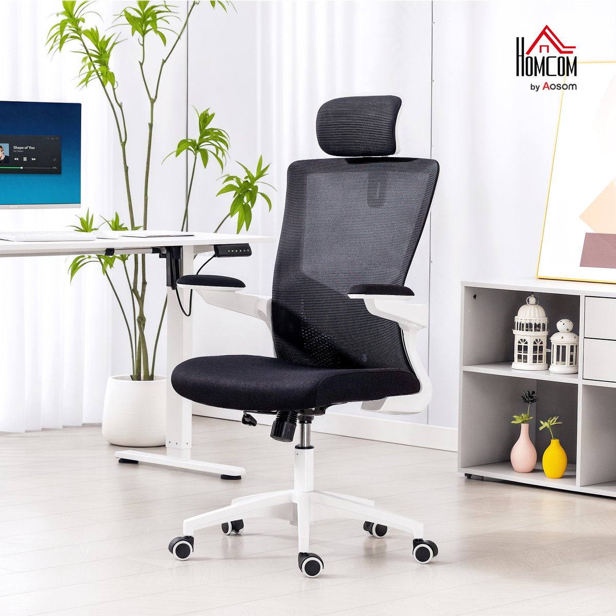 Chaise de bureau Polyester Noir noir et blanc, HOMCOM