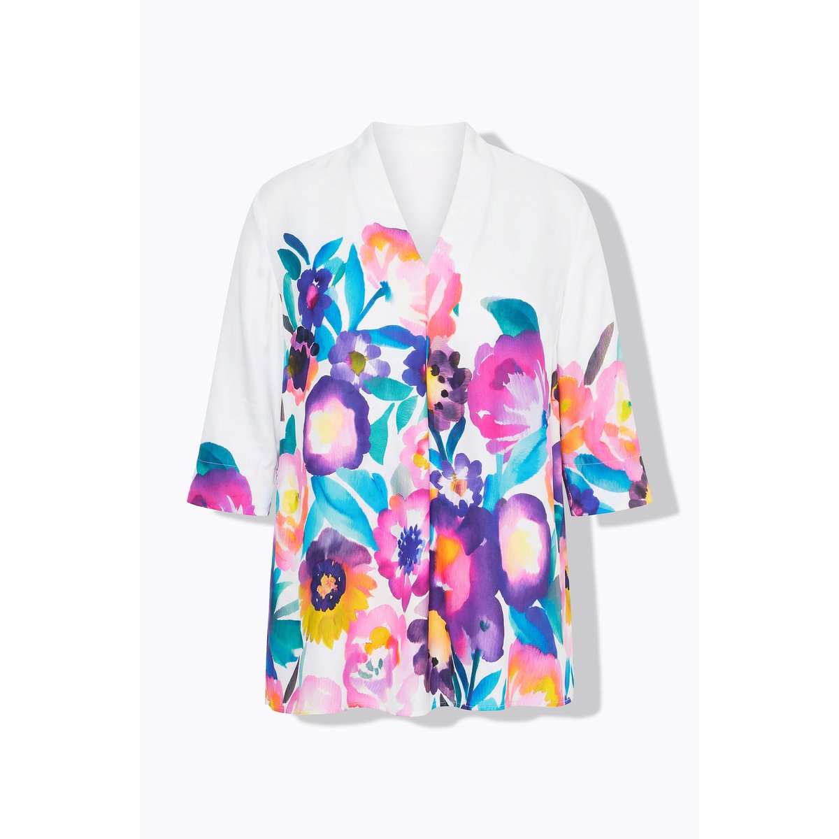 Blouse en satin, fleurs, coupe A, col calice blanc neige, ULLA POPKEN