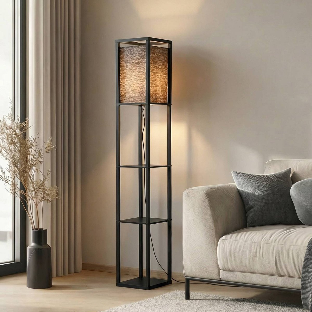 Lampadaire en bois moderne, Birta noir, LINDBY
