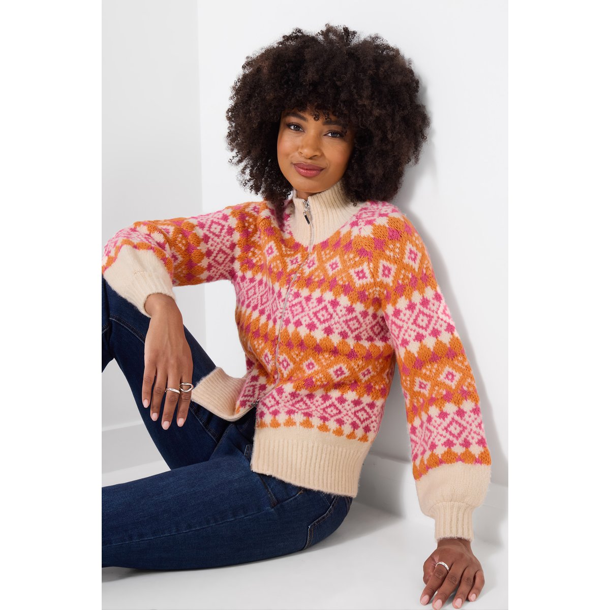 Cardigan Zippé Fair Isle Magnifiquement Audacieux orange, JOE BROWNS