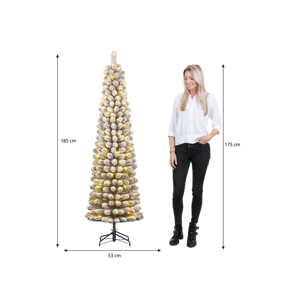Sapin de Noël artificiel étroit et enneigé avec LED H185 cm CHARLTON vert, BLACK BOX TREES