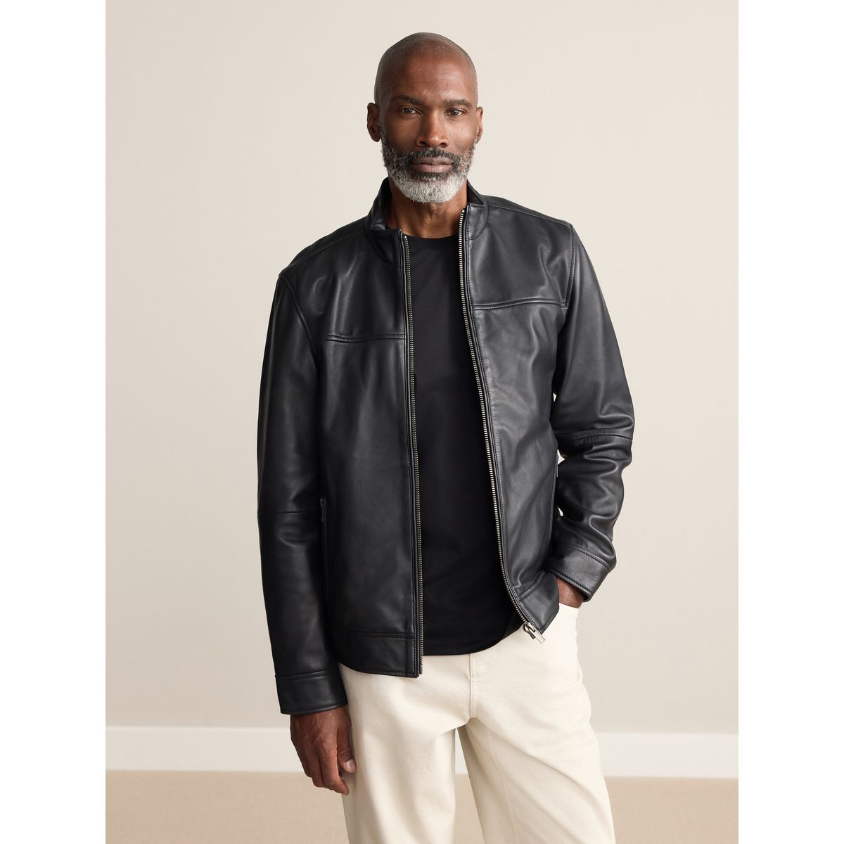 Veste en cuir avec col cheminée Signature noir, NEXT