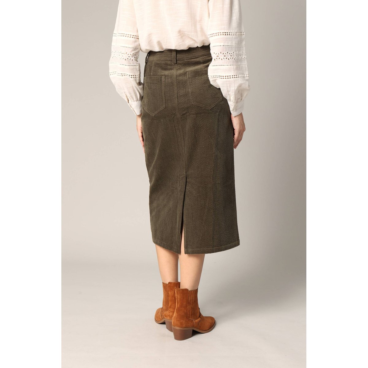 Jupe mi-longue en velours côtelé MELOANE dark khaki, DEELUXE