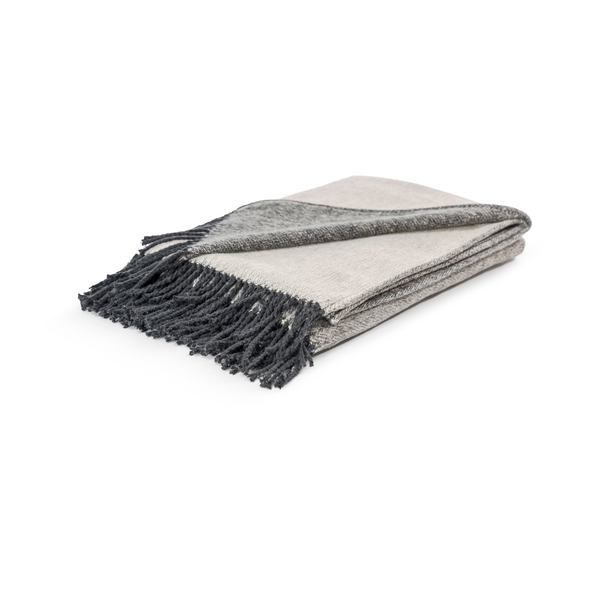 Plaid jacquard à franges coton et polyester recyclés ALFIE gris, taupe et noir, MAGMA HEIMTEX