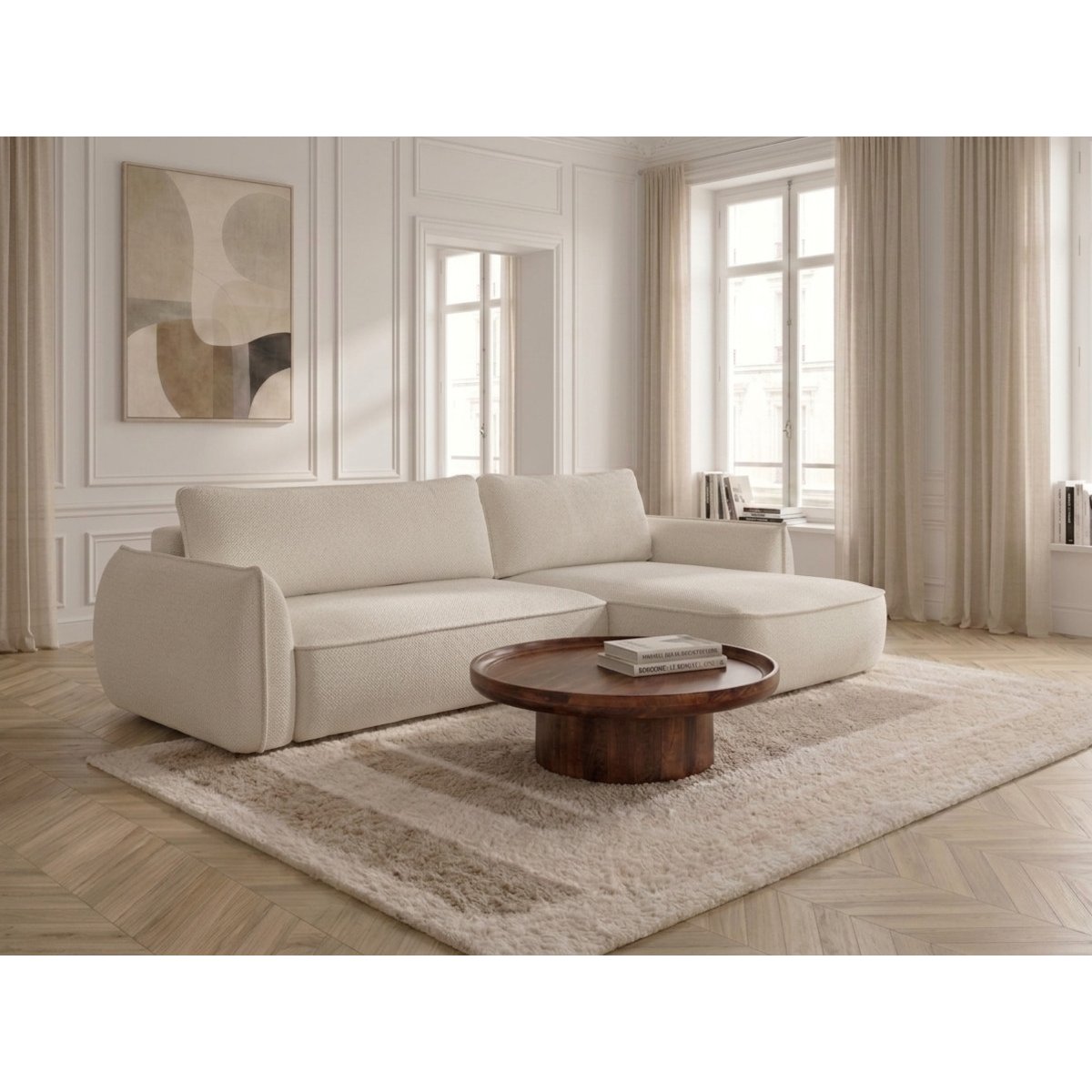 Canapé d'angle convertible 3 places en tissu chenille, ESMEE blanc, BOBOCHIC