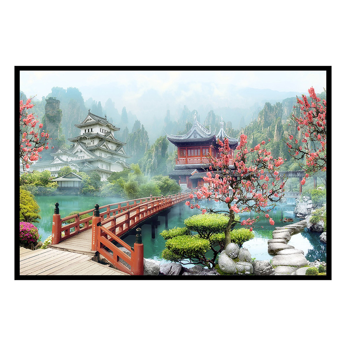 Affiche encadrée jardin japonais pagode affiche + cadre en métal - noir, HEXOA