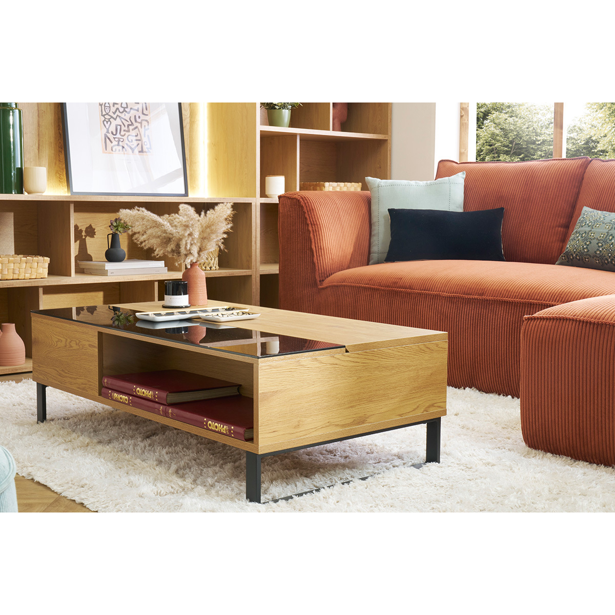 Table basse relevable rectangulaire bois clair et métal noir L110 cm WYNN bois clair / noir, MILIBOO