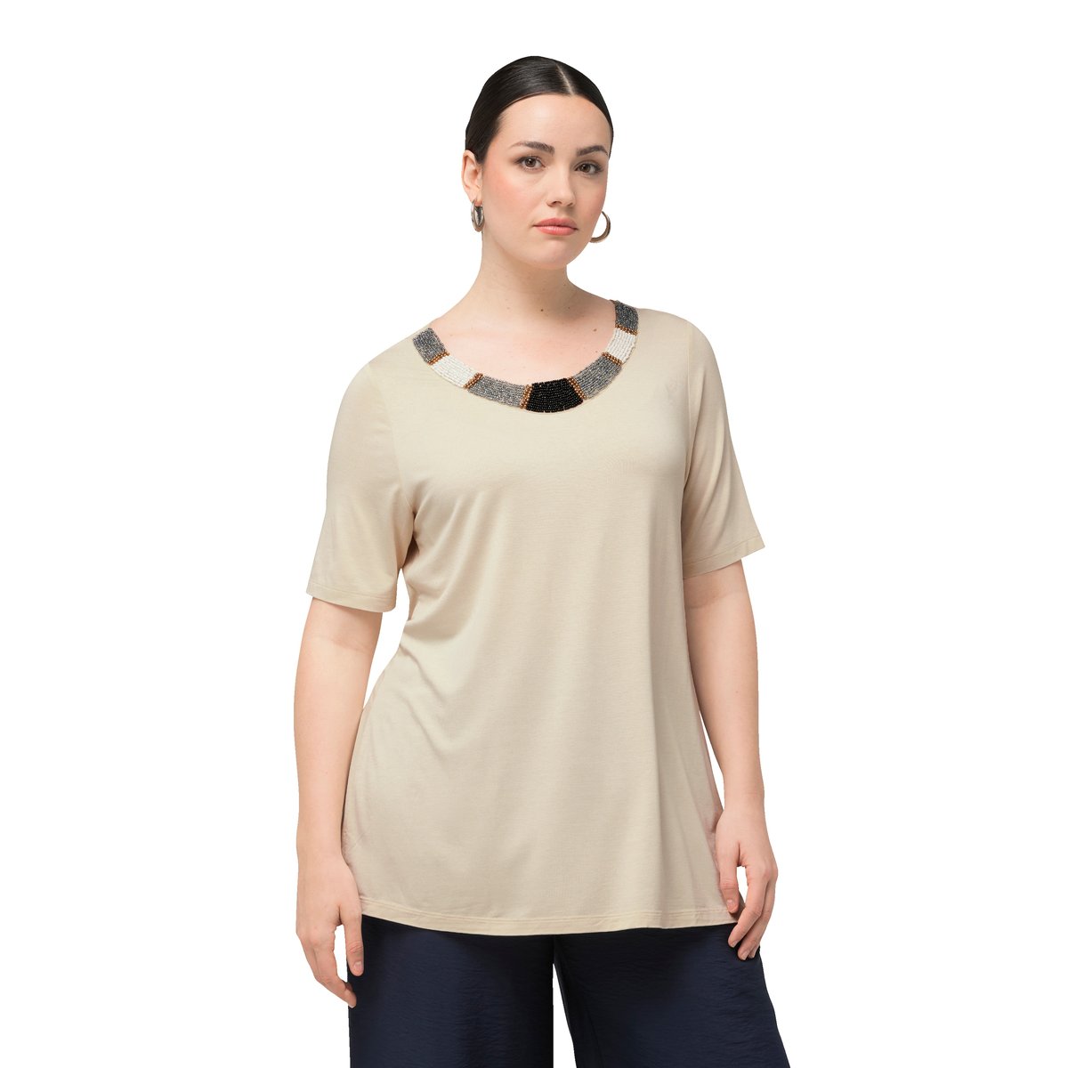 T-shirt à col rond et manches courtes. gris beige, ULLA POPKEN