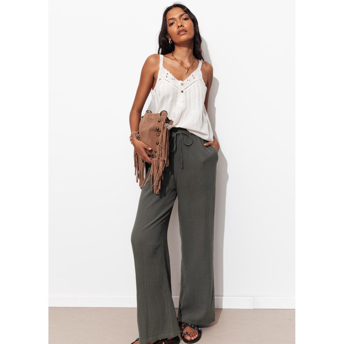 Pantalon gaze de coton gris foncé, PROMOD