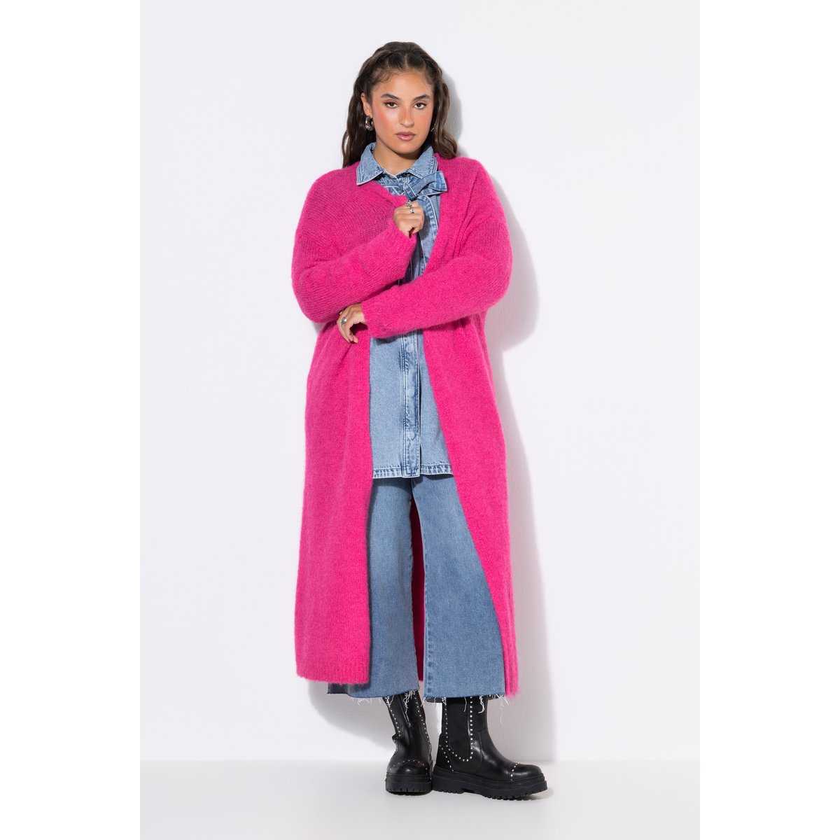 Cardigan long oversized à manches longues rose vif, STUDIO UNTOLD