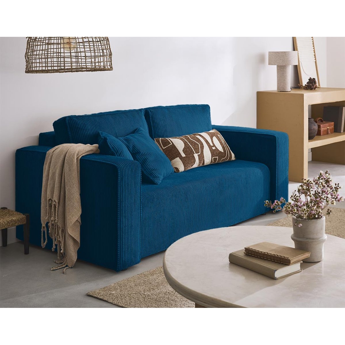 Canapé droit 2 places en velours côtelé, TOPAZE bleu ardoise, BEST MOBILIER