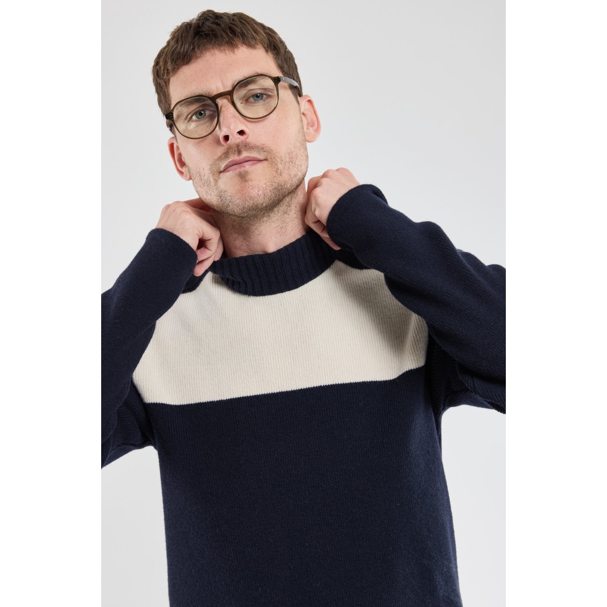Pull marin zippé en laine et polyamide marine deep/milk, ARMOR-LUX