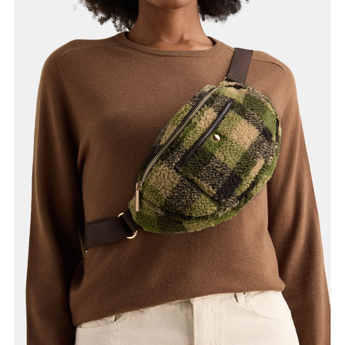 Sac banane almaz shearling à carreaux vert clair et vert foncé, GALERIES LAFAYETTE