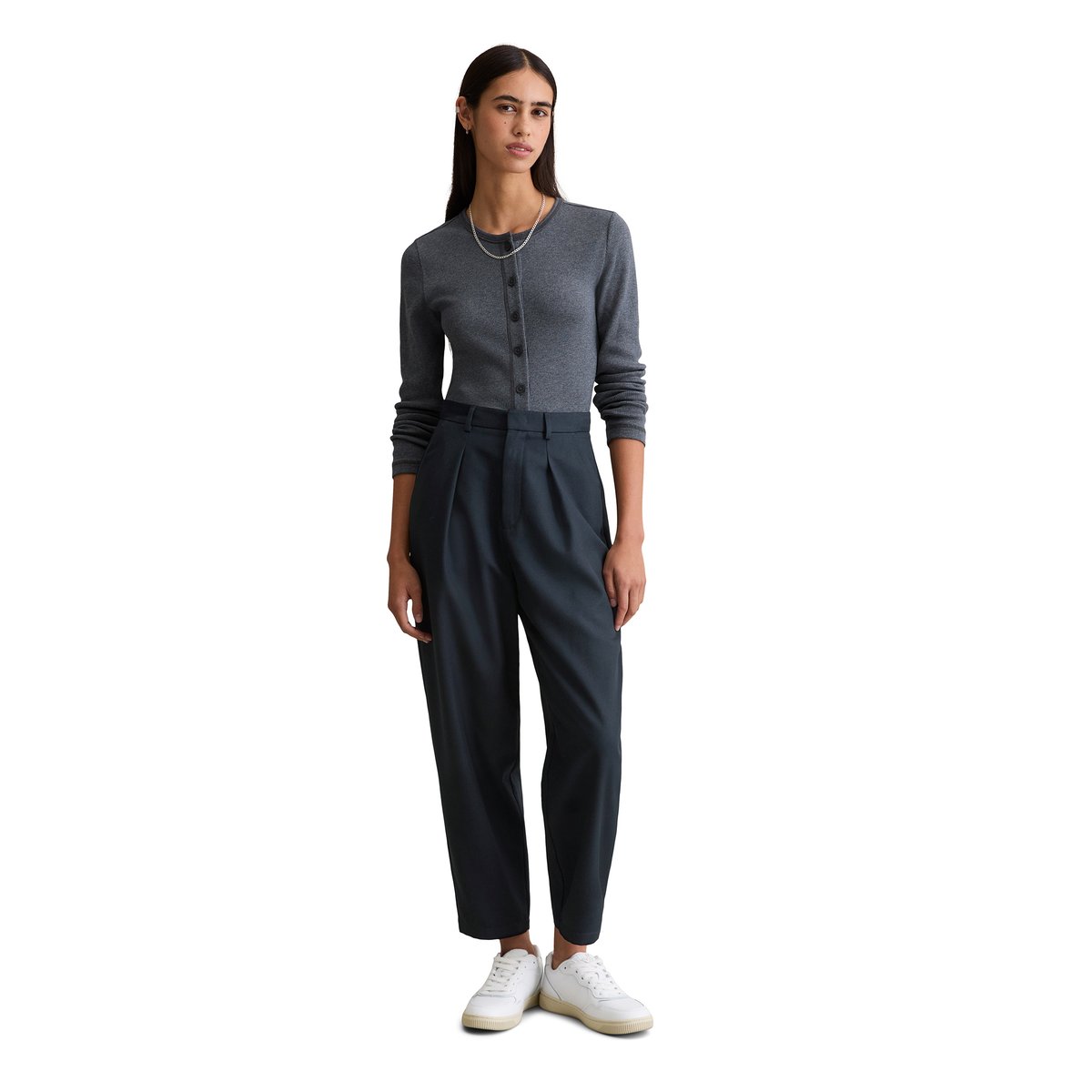 T-shirt long avec patte de boutonnage slim en jersey côtelé gris, MARC O’POLO DENIM