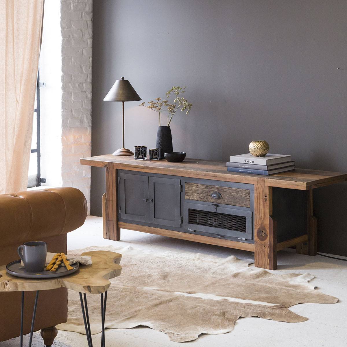 Meuble TV en bois recyclé HECTOR gris, MADE IN MEUBLES
