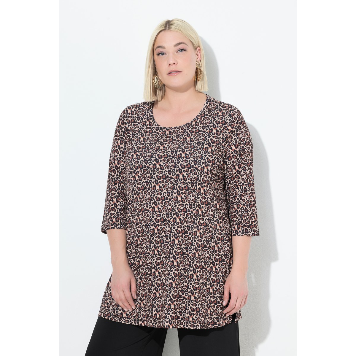 T-shirt long décolleté rond et manches 3/4 noir, ULLA POPKEN