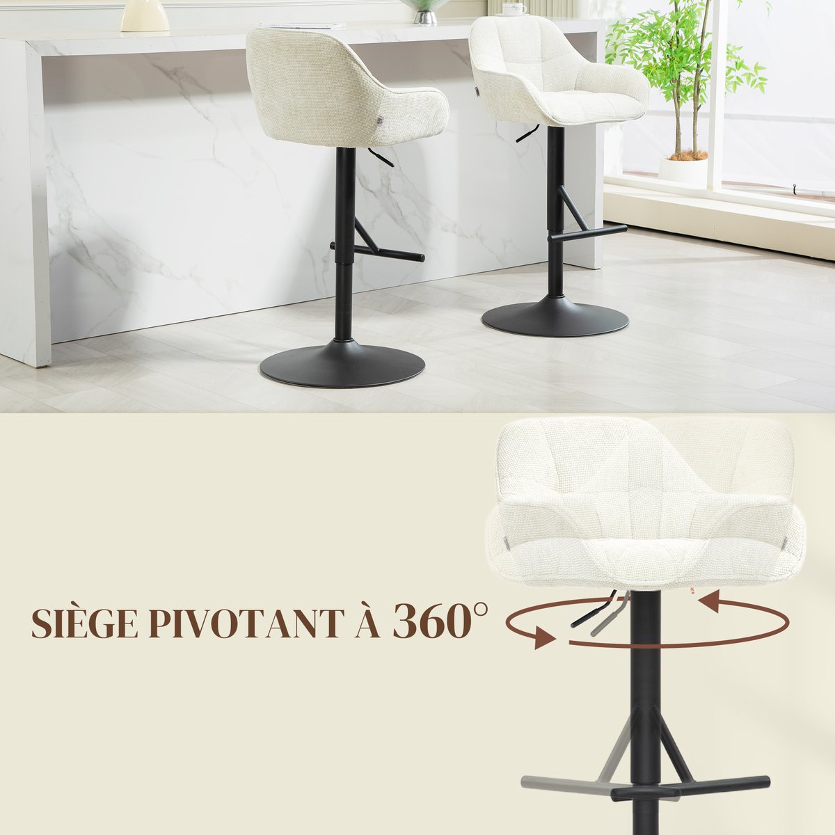Tabouret de bar Polyester Crème crème, noir, HOMCOM