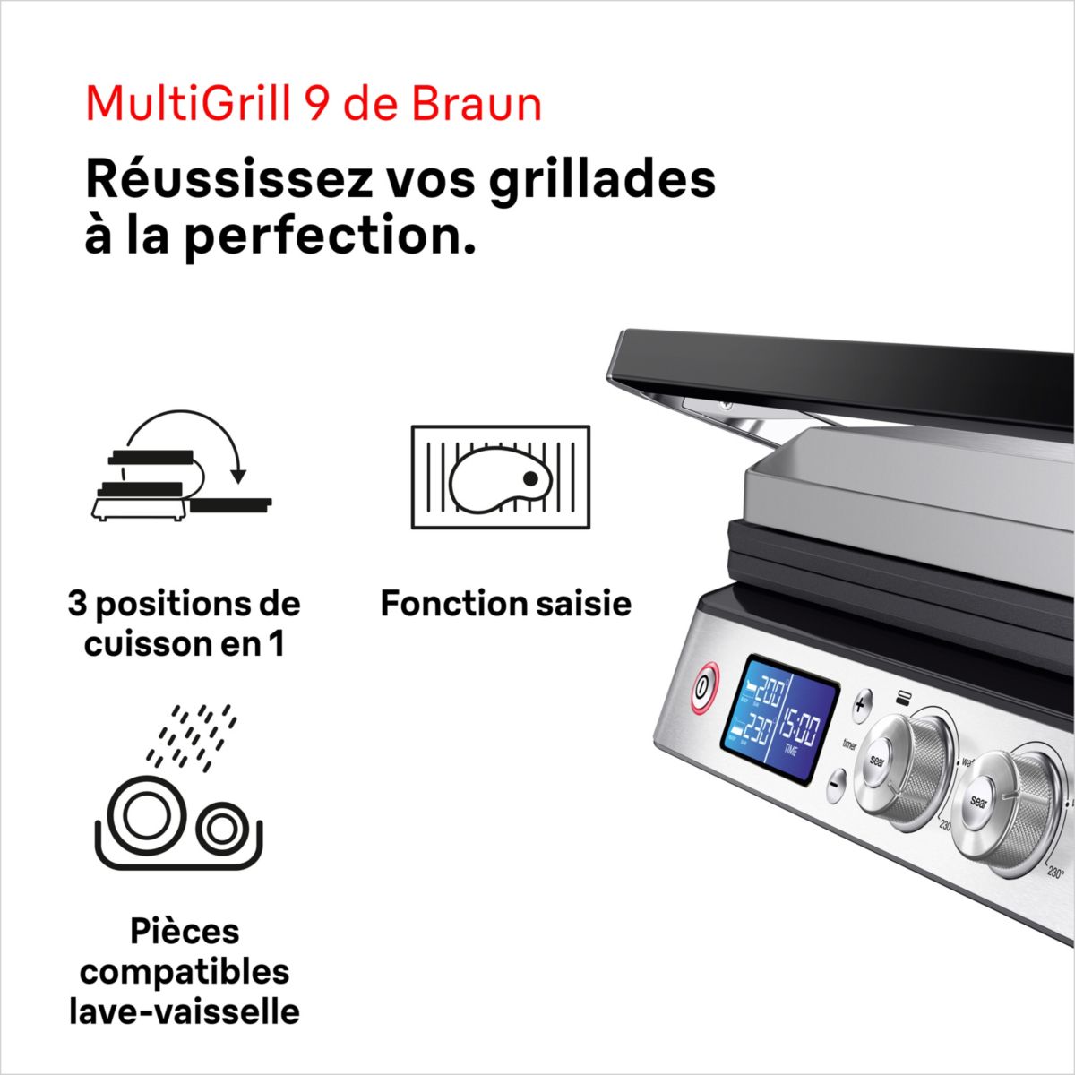 Grille-viande CG9040 inox 2 zones e cuisson plaques movibles à poser, 37x23 cm couleur unique, BRAUN