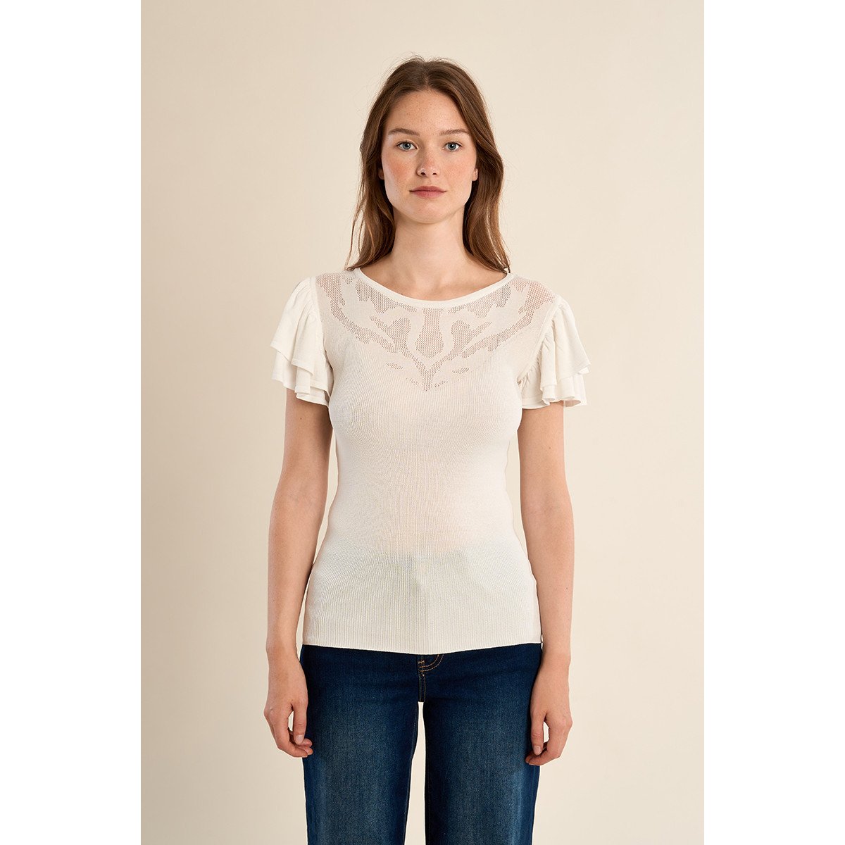 T-shirt avec col en semi-transparence offwhite, MOLLY BRACKEN