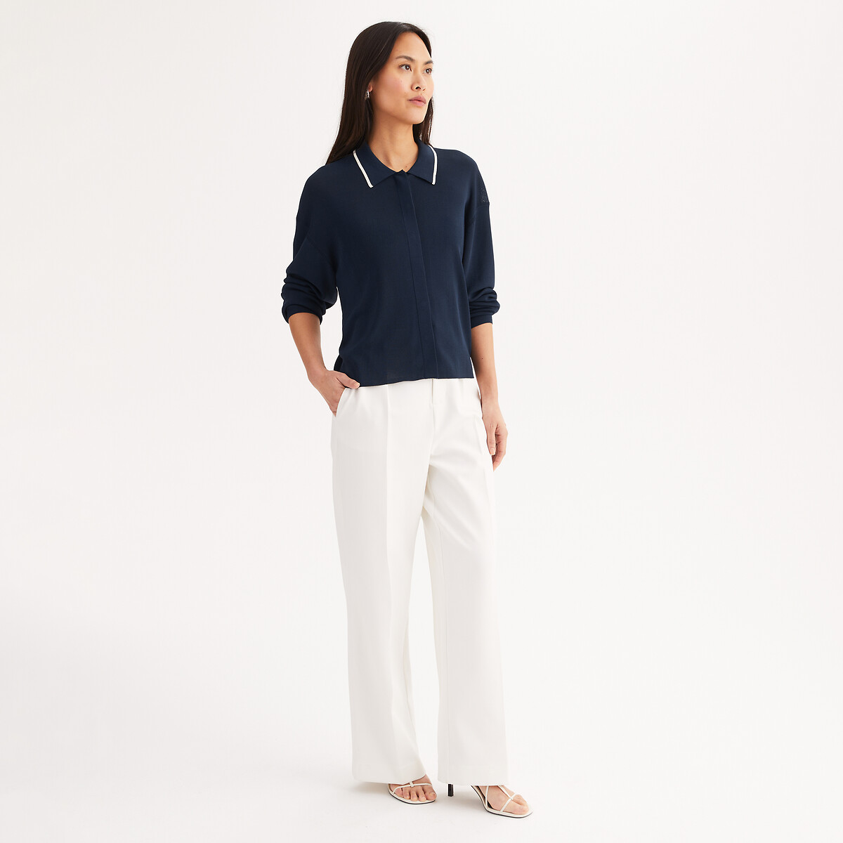 Fine Knit Buttoned Polo Cardigan navy blue, ANNE WEYBURN