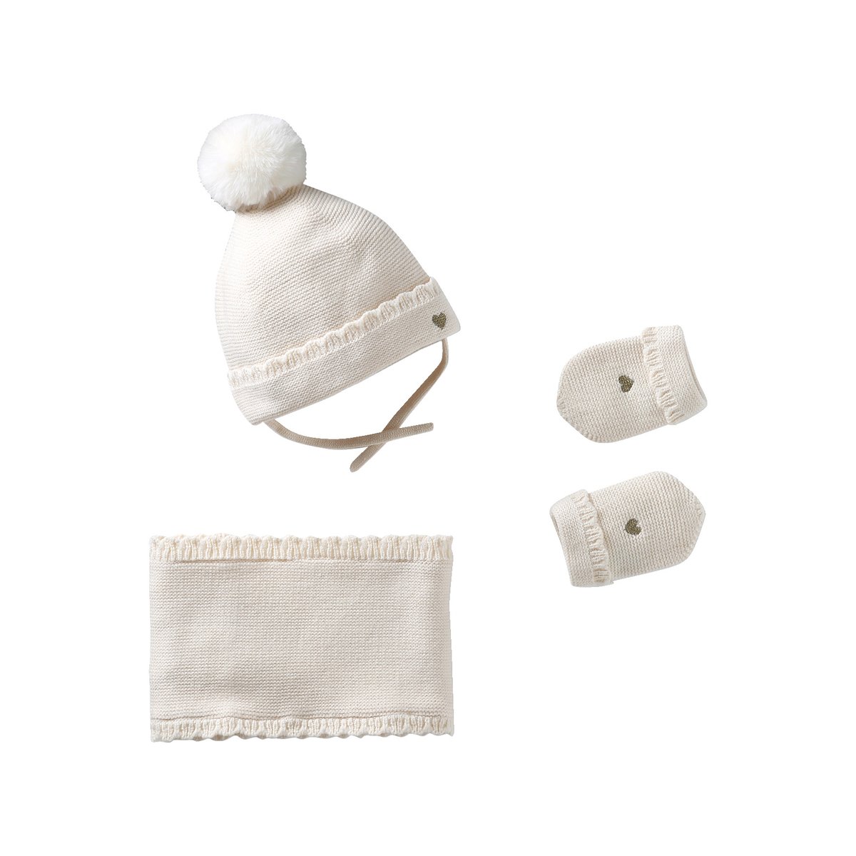 Ensemble bonnet, snood et moufles écru, VERTBAUDET