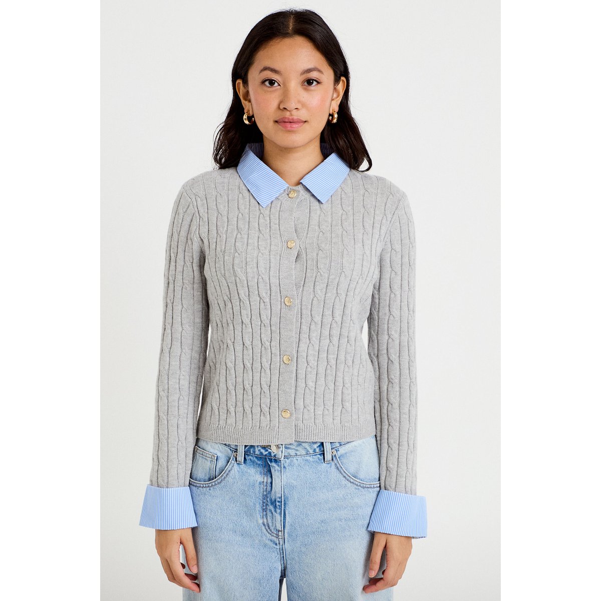 Gilet col chemise manches longues gris clair, CACHE CACHE