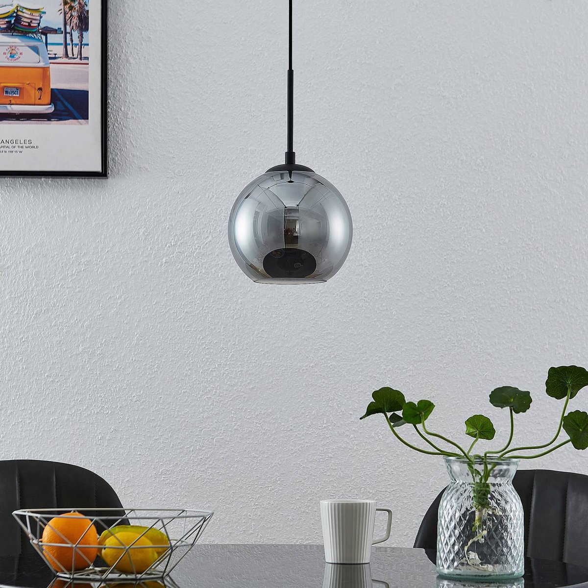 Suspension en métal moderne, Jurian noir sable, verre fumé, LINDBY