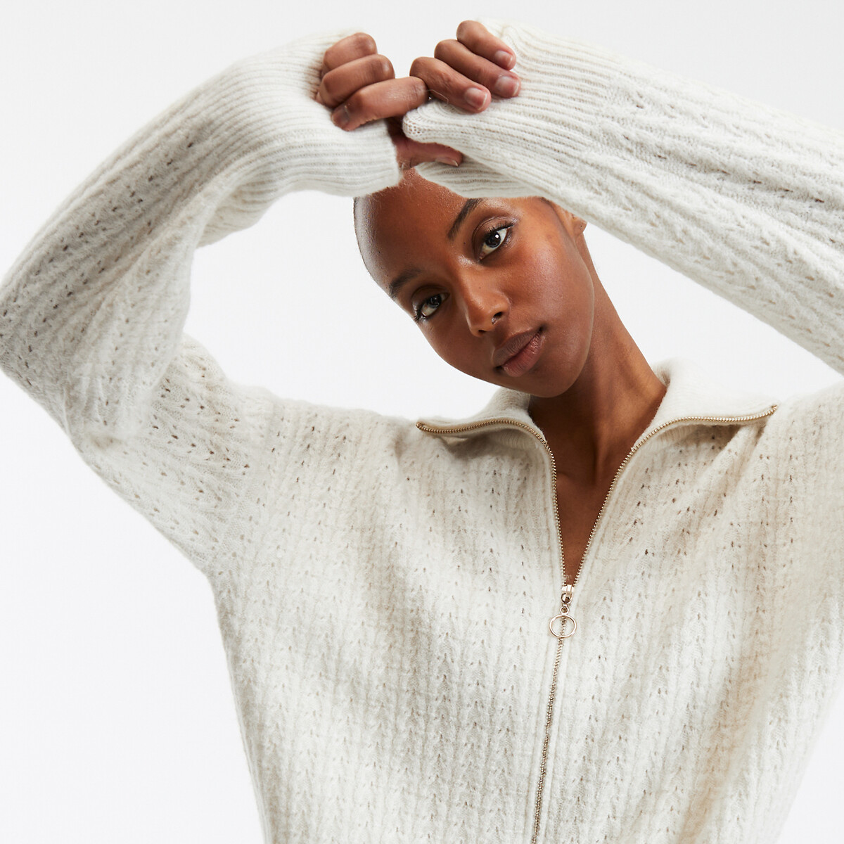 Short Chunky Knit Cardigan with V-Neck ivory, LA REDOUTE COLLECTIONS