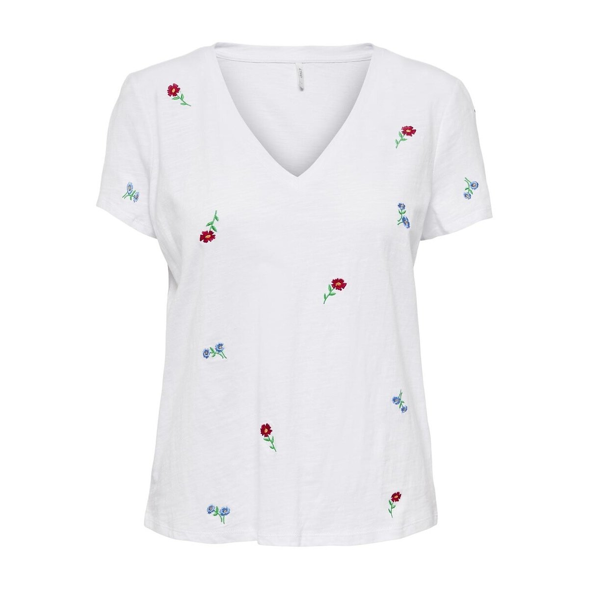 Embroidered Cotton V-Neck T-Shirt white clover, ONLY