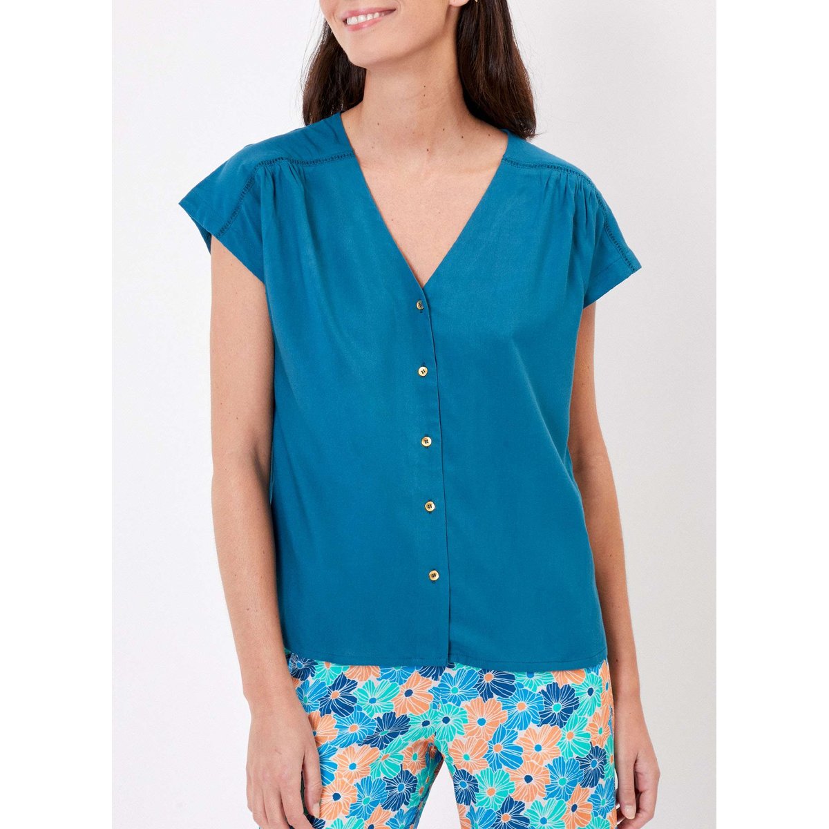 Blouse fluide col V VALERIA bleu canard, LA FIANCÉE