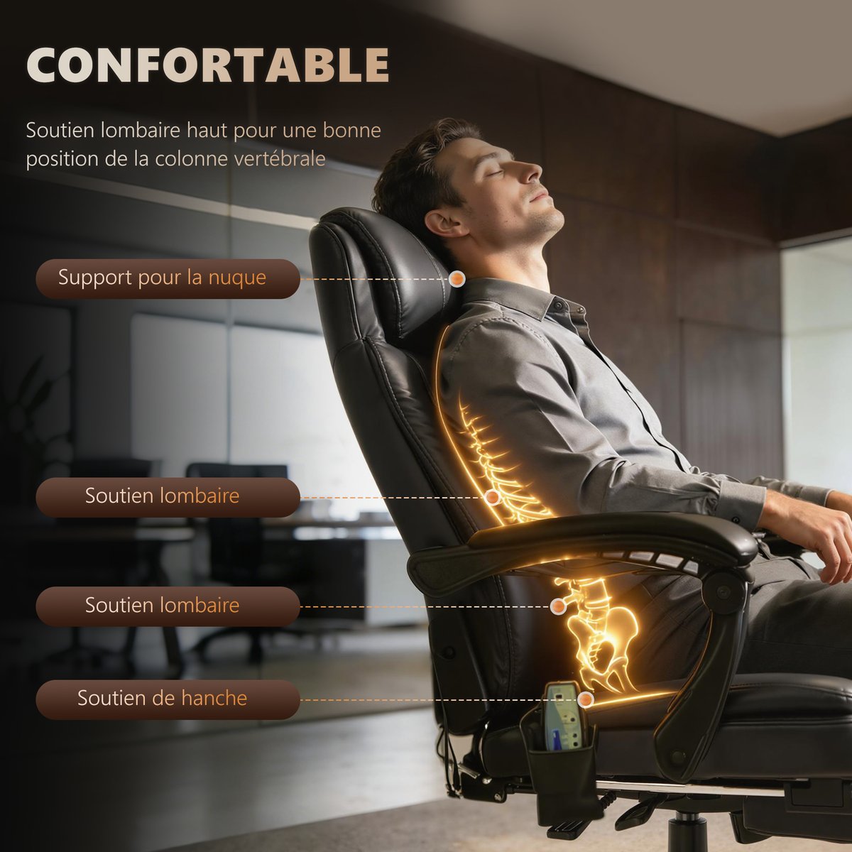 Fauteuil de bureau avec fonction massage noir, HOMCOM