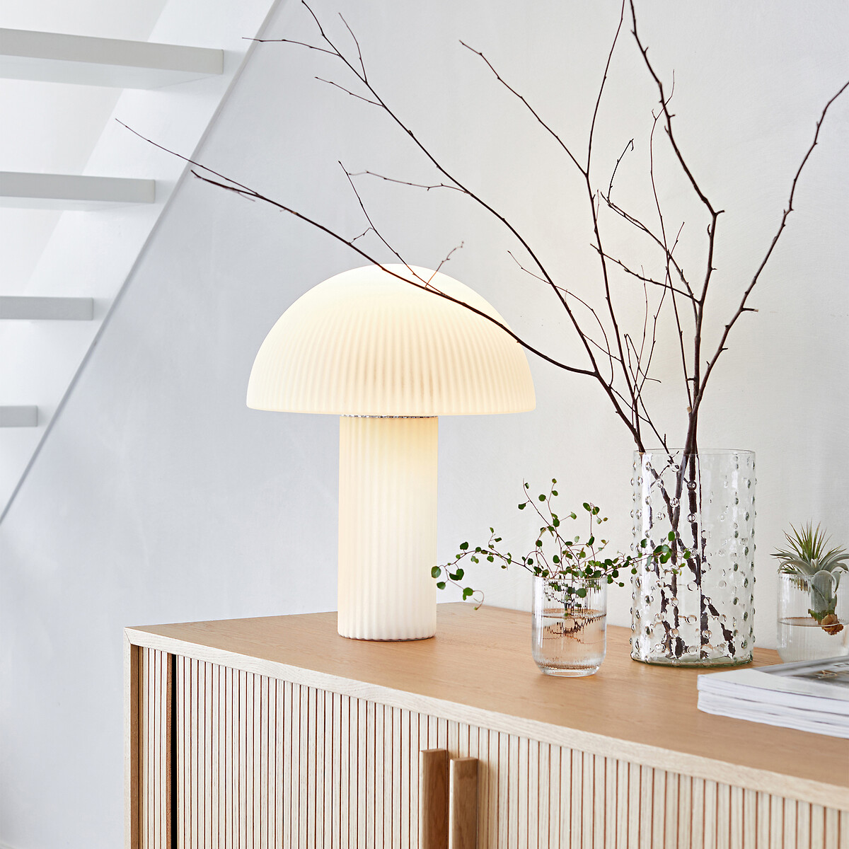 Lampe champignon verre opalin strié H41,7 cm, LOULOU blanc, LA REDOUTE INTERIEURS